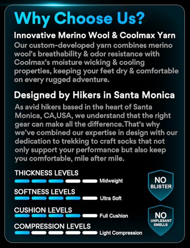 Juclise Merino Wool Breathable Hiking Socks Compression Lightweight Moisture Wicking Seamless Anti-Blister Cushioned