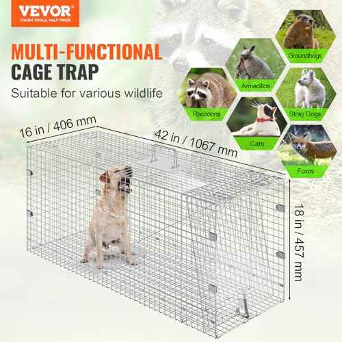 VEVOR Live Animal Cage Trap, 42" x 16" x 18" Humane Cat Trap Galvanized Iron, Folding Animal Trap Cage with Handle for Stray Dogs, Armadillos, Raccoons, Foxes