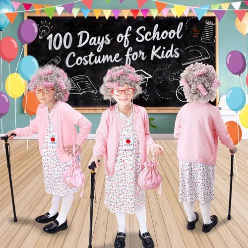 Boutrele 11 Pcs Old Lady Costume for Kids,100 Days of School Costume Girls,Granny Grandma Costumes Kids Accessories