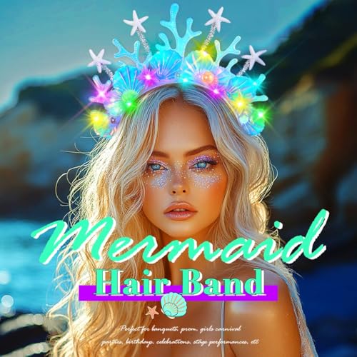 JAKAWIN Light Up Mermaid Costume Headband Starfish Ocean Hair Accessories Shell Led Headpiece for Women