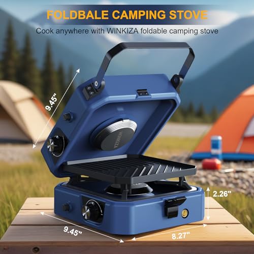Upgraded WINKIZA 2 Burner Propane Camping Stove with Grill, Foldable Camp Stove with 16,000 BTU, Two Adjustable Burners wi...