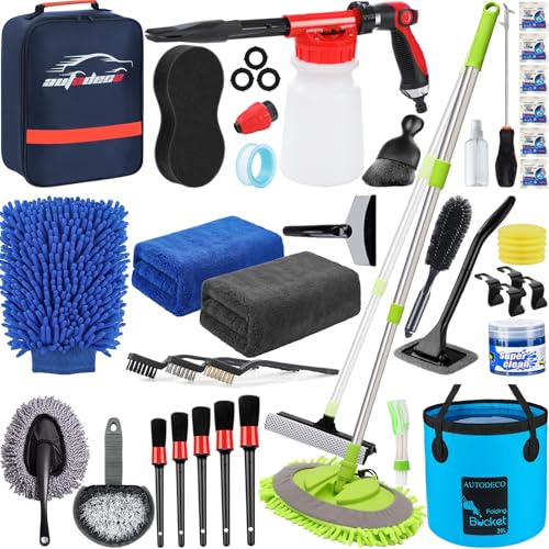 AUTODECO 42Pcs Car Wash Detailing Kit Cleaning Set with Foam Gun Sprayer, Long-Handle Brush, Collapsible Bucket, Large Was...