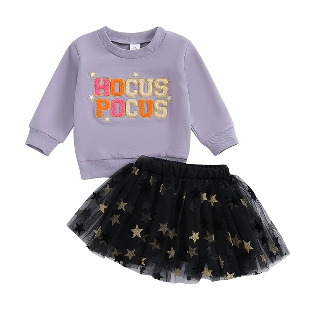 Socutebabe Toddler Halloween Outfit Costume Baby Girl Boo Shirt Sweatshirt and Tulle Skirts Little Girls Clothes (Witch Purple Black, 12-18 Months)