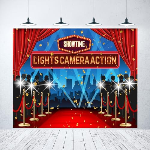 Lights Camera Action Backdrop 10x8ft Movie Night Theme Red Carpet Awards Ceremony Decorations Photography Background Dres...