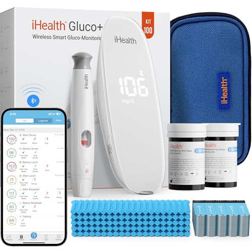 iHealth Gluco+ Wireless Smart Blood Glucose Monitor Kit with Free App, 100 Glucometer Strips, 100 Lancets, 1 Blood Sugar M...