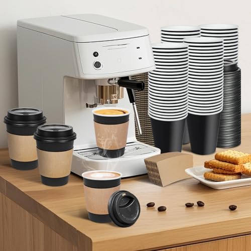 Ginkgo 100 Pack 12 oz Disposable Coffee Cups with Lids and Sleeves, To Go Leak-Proof Black Paper Cups for Picnics, Partie...