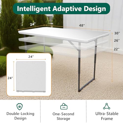 FurniEdge 4ft Folding Table with Adjustable Height, Heavy Duty Fold-in-Half Plastic Table with Steel Legs, Portable for In...