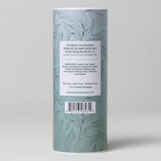 Ora's Amazing Herbal Fragrance Free Body Powder for Women and Men, Unscented Talc and Cornstarch Free Talcum Powder, Waxing, Natural Sugaring, Foot, Dry Shampoo, Made in USA, 2.5 oz