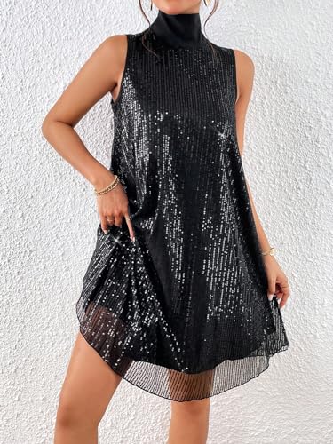 Floerns Women's Contrast Sequin Sleeveless Tank Dress High Neck Bow Shiny Party Dress
