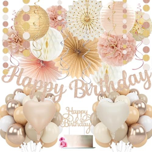 Champagne-Gold Beige Birthday Decorations for Women Girls,Cream Neutral Balloons Décor,Happy Banner,Boho Peach Paper Lante...