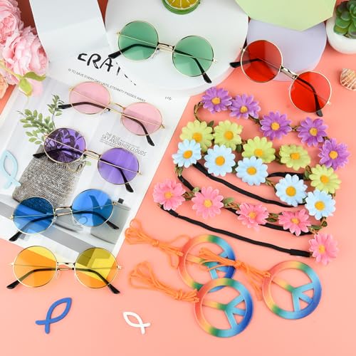 NEBURORA 30Pcs Hippie Accessories 60s 70s Hippie Costume Accessories Set Daisy Headband Peace Sign Necklaces Hippie Sungla...