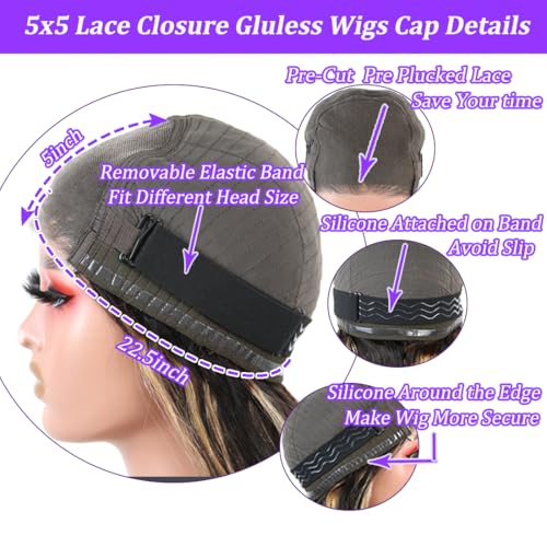 22 Inch 5x5 HD Lace Closure Wigs Human Hair Body Wave Wear and Go Glueless Wigs Pre Plucked Pre Cut P4/27 Honey Blonde Highlight Ombre Lace Front Wig Human Hair Wig 180% Density