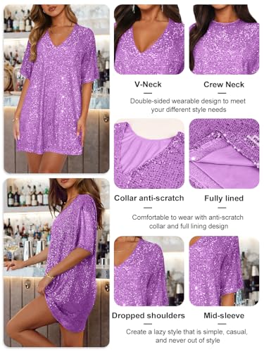 MIYIEONZ Women's Crew Neck Sequin Dress for Women Sexy V Neck Shirt Dress Sparkly Half Sleeve Loose Party Club Cocktail Dress