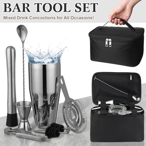 Widecook 9 Pcs Travel Bartender Kit Cocktail Shaker Set with Bag 25oz Martini Shaker Kit, Ice Crusher, Wine Opener, Strain...