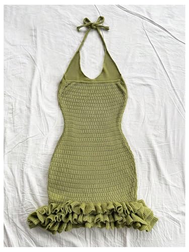 GORGLITTER Women's Crochet Halter Bubble Mini Dress Bow Backless Summer Bodycon Knit Dress Vacation Festival Outfits