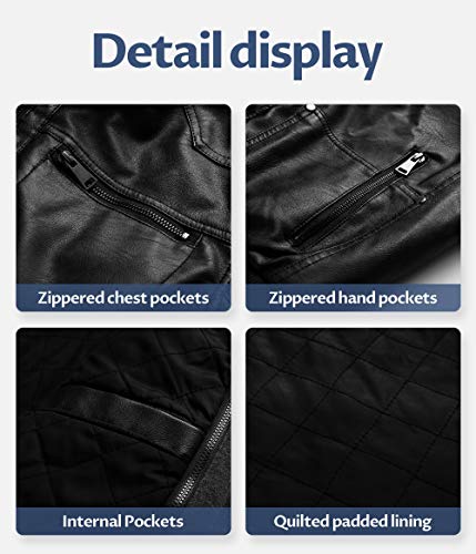 CREATMO US Men's Faux Leather Jacket Motorcycle Jacket Waterproof Windproof PU Moto Vintage Bomber Hoodie with Removable Hood