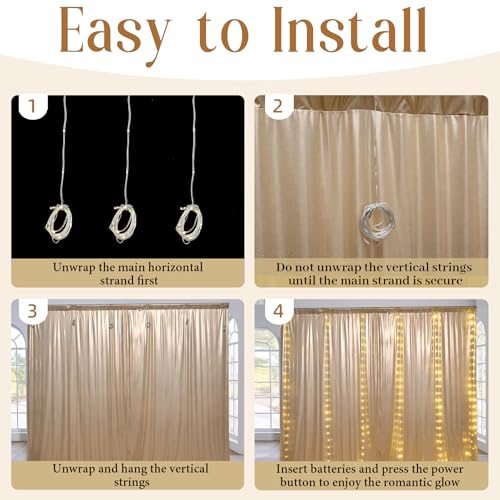 Hanging Bulbs 10x10FT Champagne Sequin Backdrop Curtain with String Lights – 2 Panels of 5x10FT Wrinkle-Free Shimmer Drape...