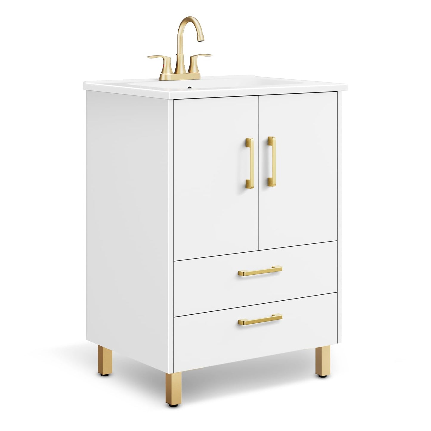 phiestina Fully Pre-Assembled 24 Inch White Bathroom Vanity with Ceramic Sink Combo, 2 Soft Close Doors and 2 Drawer Bathroom Storage Cabinet Set, BV02-WHITE-JH