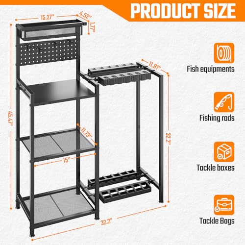 Fishing Rod Holders for Garage, Fishing Pole Rack with 3 Tier shelf, Heavy Duty Fishing Pole Holders with Pegboard and Bas...