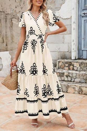 PRETTYGARDEN Womens 2025 Summer Casual V Neck Boho Maxi Dress Flowy Aline Bell Sleeve Tiered Floral Dresses with Pocket