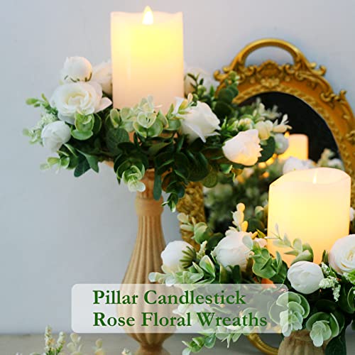 Acmee 4 Pcs White Rose Candle Rings - Artificial Floral Wreaths with Eucalyptus Leaves Greenery Garland for Pillar Candleh...