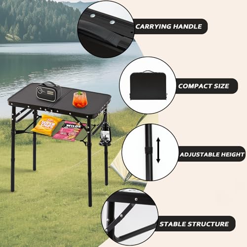 YihuiKo Folding Picnic Table with Storage Net, Matte Black Aluminum Folding Table 23.6" x 15.8", Adjustable Height Max 27....