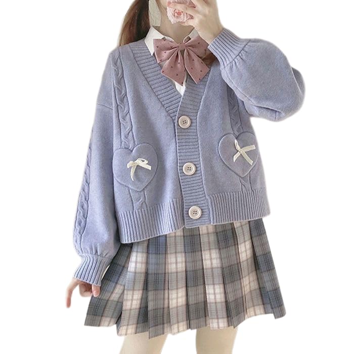 Japan Harajuku Kawaii Pink Knitted Cardigan Women's V-Neck Sweater Cute Bow Heart Korean JK School Uniform Jacket