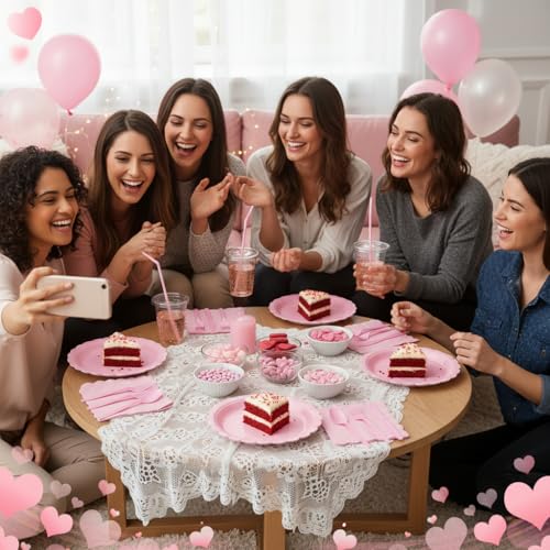 Xiangqu 175 Pcs Party Plates and Cups and Napkins Sets, 9" Pink Valentines Paper Plates, 7" Dessert Plate, 9oz Cups & Cutl...