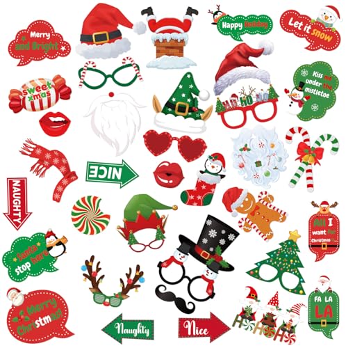 Christmas Photo Booth Props - 36Pcs Christmas Party Decorations Decor & Selfie Accessories, Fun Xmas Party Favors Gifts fo...