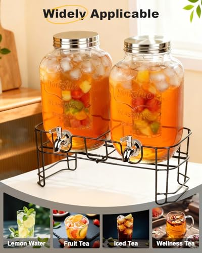 GVUHR 1 Gallon Drink Dispenser 2 Pack with Stand - Glass Beverage Dispenser for Parties, Juice, Water - Includes Spigot an...