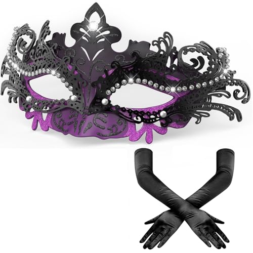 HSSPYY Women’s Masquerade Mask & Long Satin Opera Gloves Set – Elegant Rhinestone Costume Accessories for Adults – Elbow-L...
