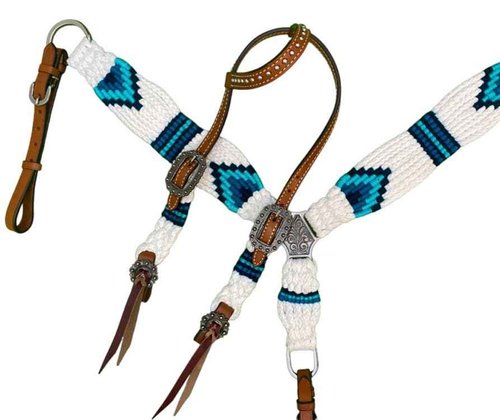 Showman Pony White & Blue Corded Single Ear Headstall & Breast Collar Set