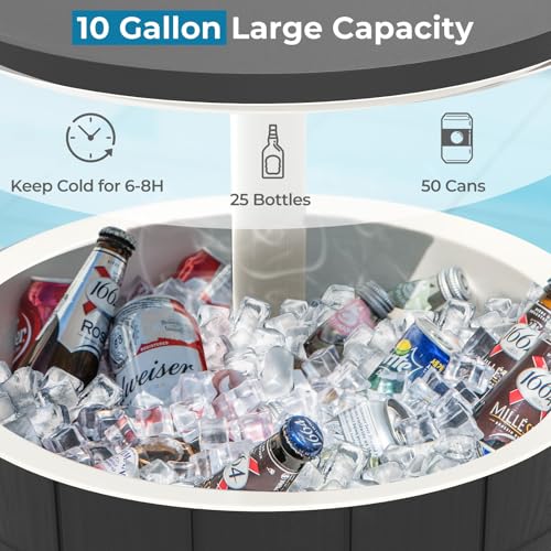 COSTWAY Outdoor Cooler Bar Table, 10 Gallon Cooler with Height Adjustable Tabletop, 3-in-1 Ice Bucket for Beer & Wine, Al...