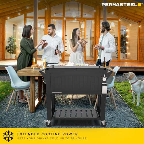 Permasteel Party Cooler with Divider, Spacious 80-Qt Capacity, Chills 36hrs, Serving Tray, Rolling Ice Chest for Indoor an...