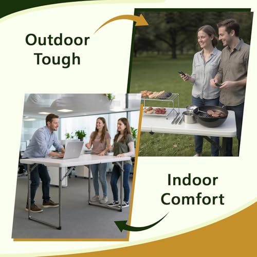 Folding Table, 4FT Foldable Picnic Table with Adjustable Height, Heavy Duty Fold-in-Half Portable Table for Weddings, Camp...