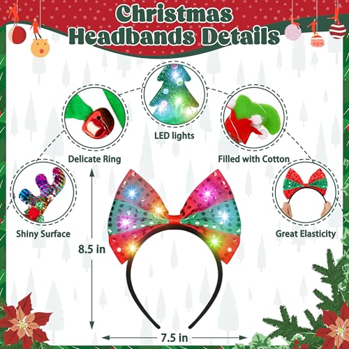 Lighting Up Christmas Headbands, Reindeer Antler Santa Hat Bow Hair Hoop for Xmas Party Favors Decorations