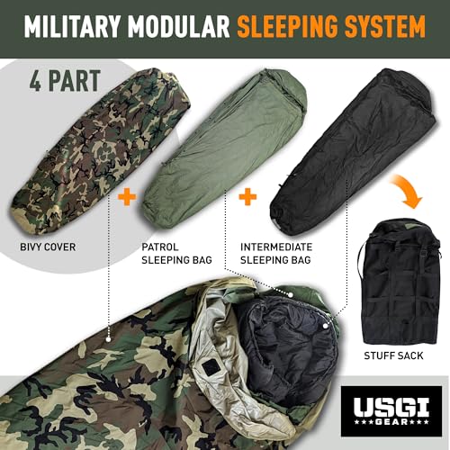 USGI Gear Military Sleeping Bag System Tactical Gear – 4-Part Modular Sleeping Bags Cold Weather Includes Stuff Sack, Bivy...