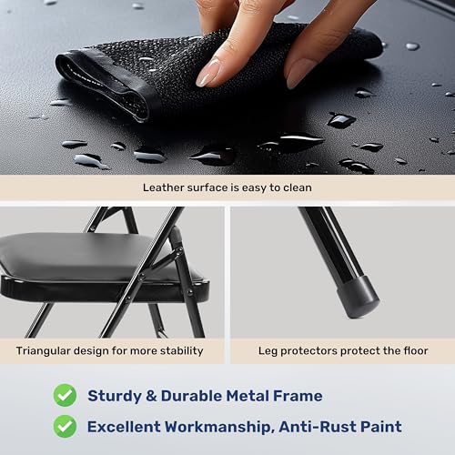 Simple Deluxe 4 Pack Folding Chairs with Padded Leather Cushion Seats & Durable Metal Frame, Comfortable, Foldable, Portab...