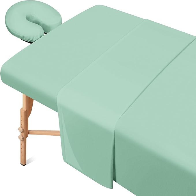 Comfyanno Massage Table Sheets Sets, 3 Pcs Professional Microfiber Massage Bed Cover Sheets, Soft, Light-Weight, Stain & Wrinkle Resistant, Includes Flat & Fitted Sheet, Face Cradle Cover - Sage