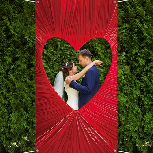 59" Large Valentine's Day Photo Booth Prop Heart-Shaped Cutout Backdrop Red Heart Selfie Frame Red Photo Background Fabric...