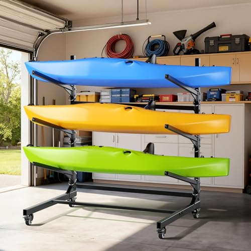POKIPO Kayak Storage Rack,Heavy Duty Kayak Stand with Wheels 3 Layer Freestanding Wall Mount Rack Adjustable Kayak Rack fo...