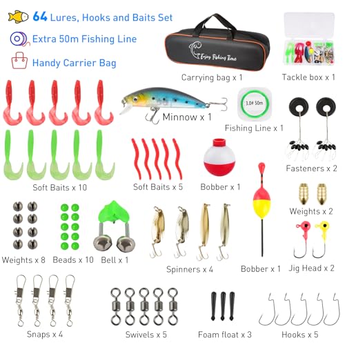 Kids Fishing Pole Kit, 59'' Telescopic Rod and Reel Beginner Combo with Spincast Reel,Tackle Box, Carrier Bag,Fishing Gear...