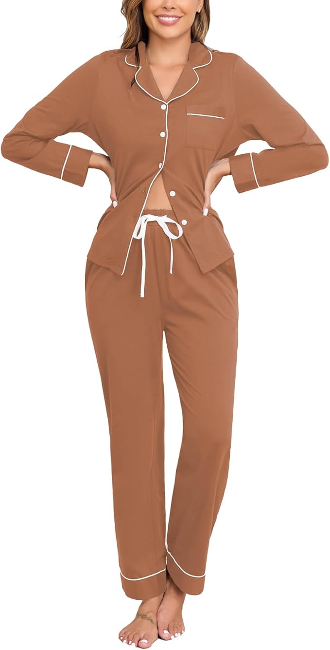 Veseacky 100% Cotton Pajamas for Women Set Long Sleeve Button Down Sleepwear Soft Pjs Lounge Sets with Pockets XS-XXL