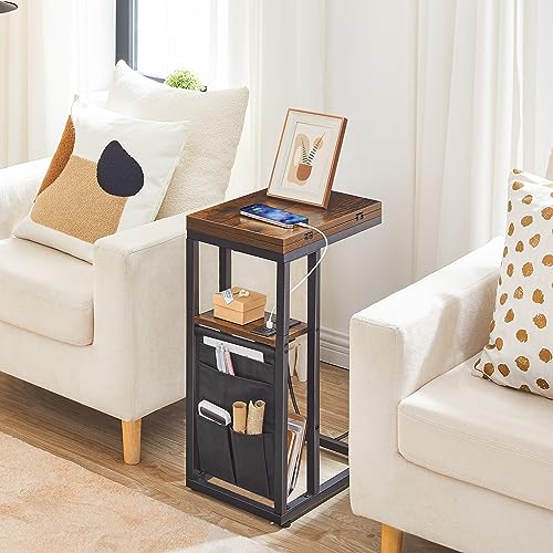 HOOBRO Foldable End Table with Charging Station, C Shaped Side Table with Storage Bag, Slide Under Sofa Couch Table for Sm...
