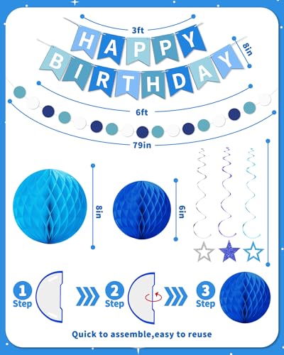 Blue Happy Birthday Decorations, Happy Birthday Banner with Honeycomb Balls, Stars Hanging Swirl Streamers, Dots Garland, ...