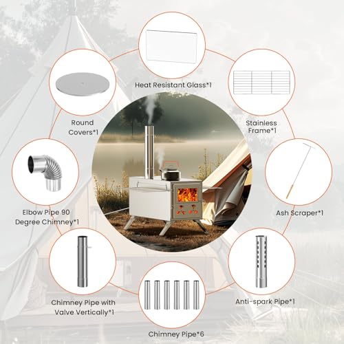 Upgraded Wood Stove, Hot Tent Stove Camping Portable Stainless Steel Wood Burning Stove with 7 Chimney Pipes for Wall Tent...