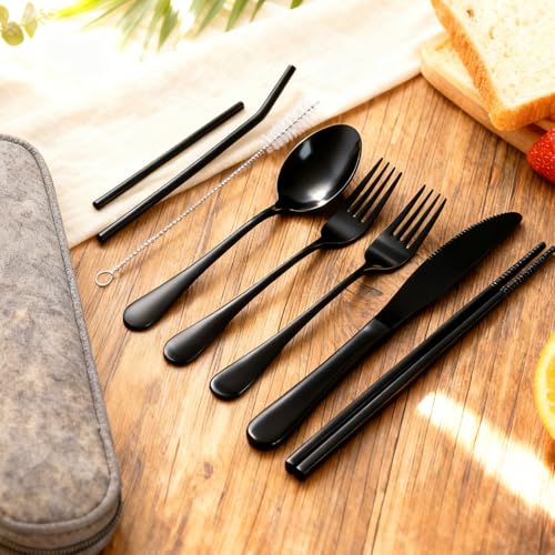 Camping Utensil Set for Men, 7-Piece Portable Silverware with Compact Case, Black Stainless Steel Travel Cutlery, Lunch Bo...
