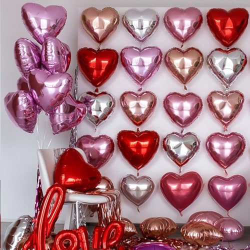 Pink Red Heart Balloons,12Pcs 18 Inch Light Pink Foil Love Heart Shaped Balloons for Valentines Day Birthday Wedding Engag...