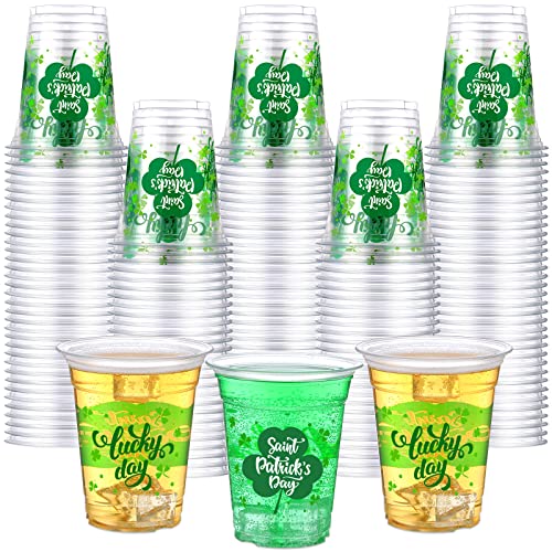 Aoriher 100 Pcs 12 oz St Patrick's Day Shamrock Cups Disposable Plastic Happy St Patrick's Day Green Clear Cups Lucky Day ...