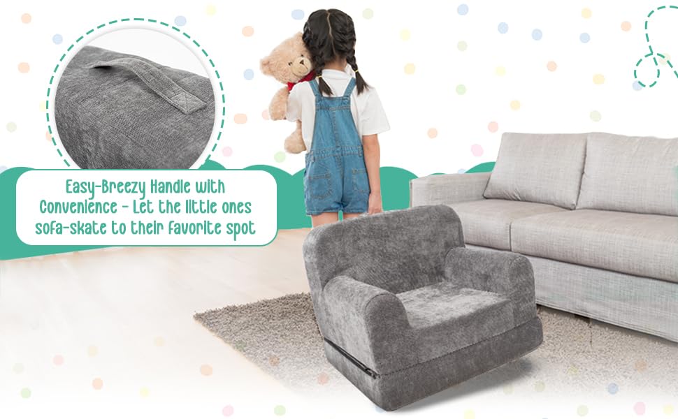 ParkaLounger Children's Sofa 2-in-1 Convertible Chair & Sleeper - Durable Foam Keeps Its Shape - Lightweight, Portable with Handle - Soft, Sturdy & Cozy Seat for Lounging & Play, Gray, Medium